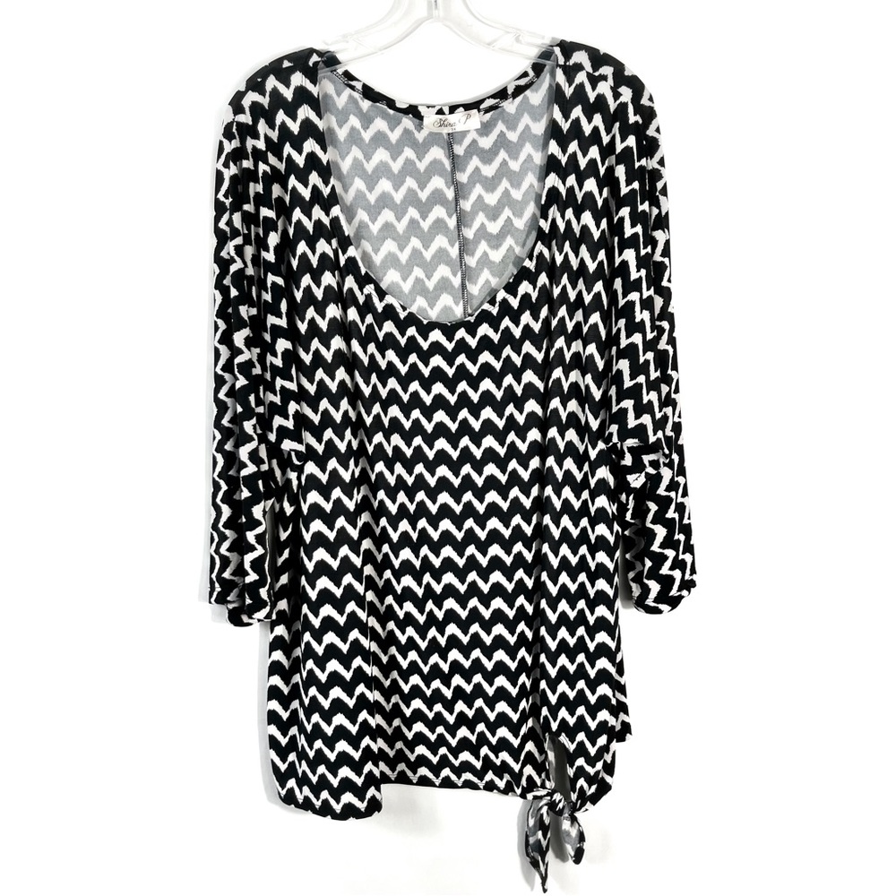 Shira P Black White Stripe Chevron Tie Bottom Slinky No-Iron Stretchy Plus Size